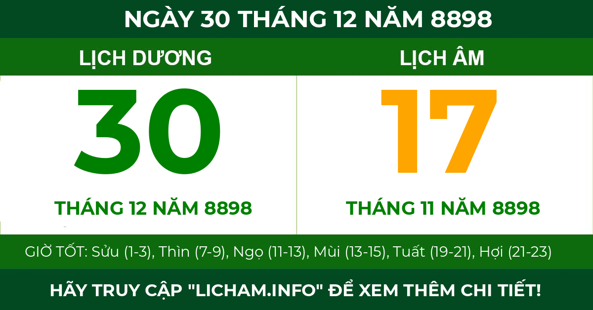 lịch âm ngày 30 tháng 12 năm 8898