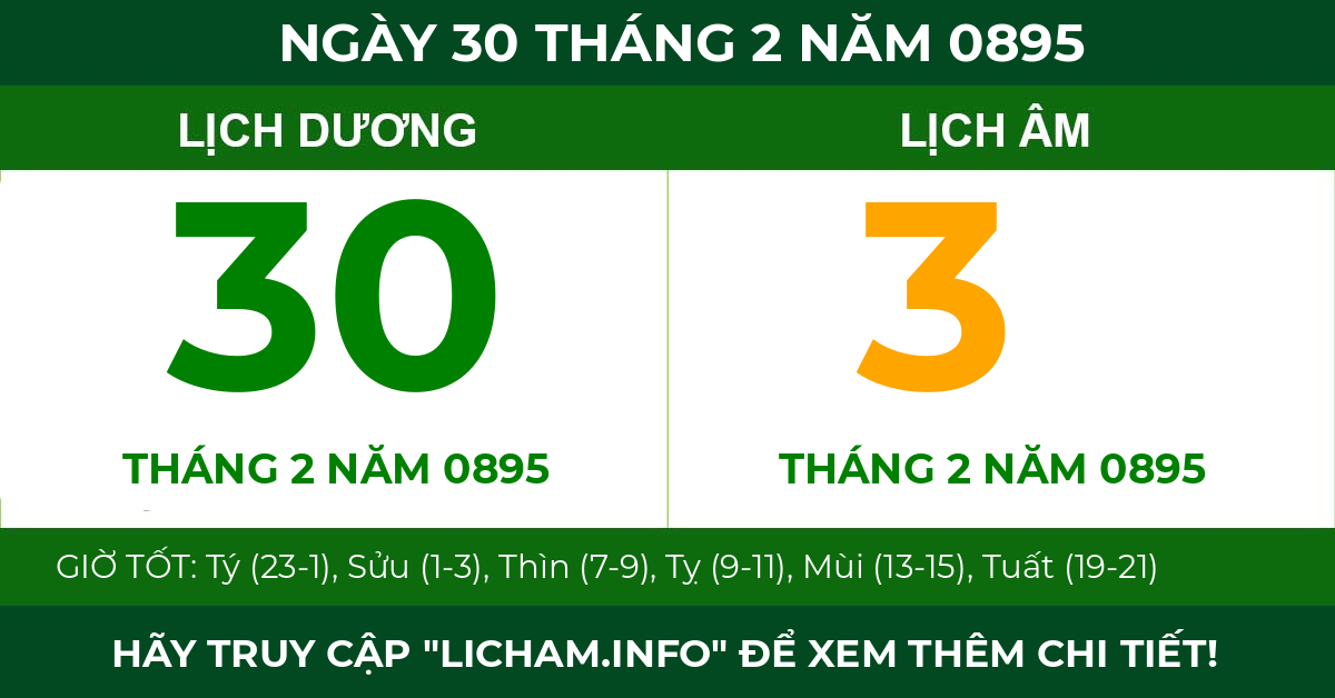 lịch âm ngày 30 tháng 2 năm 0895
