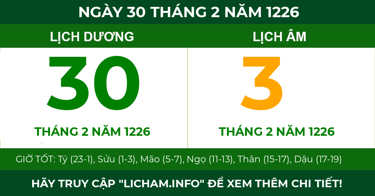 lịch âm ngày 30 tháng 2 năm 1226
