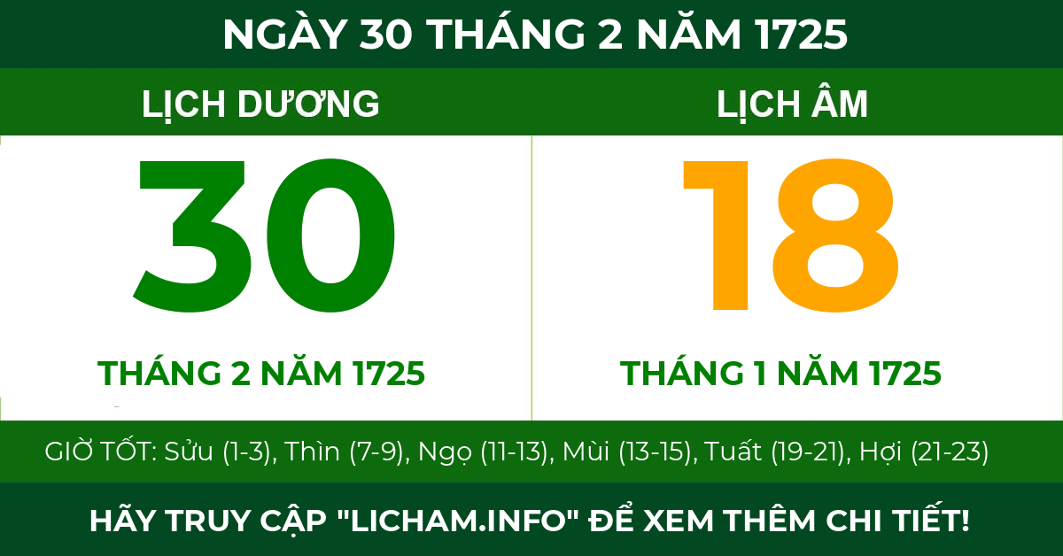 lịch âm ngày 30 tháng 2 năm 1725