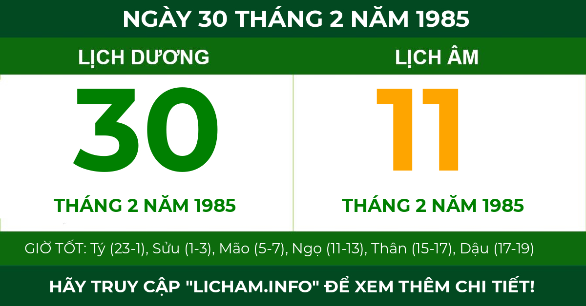 lịch âm ngày 30 tháng 2 năm 1985