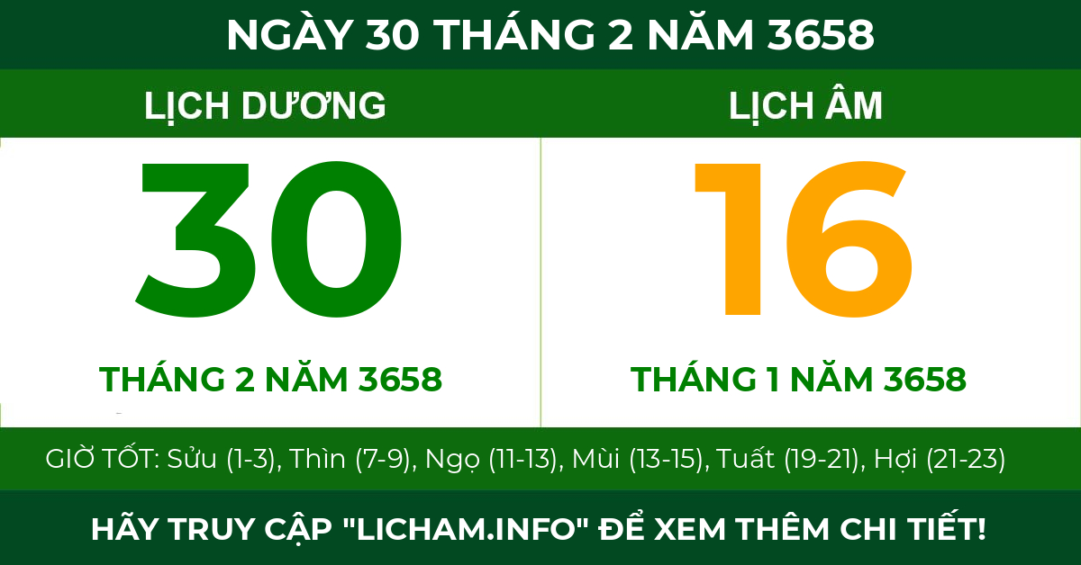 lịch âm ngày 30 tháng 2 năm 3658