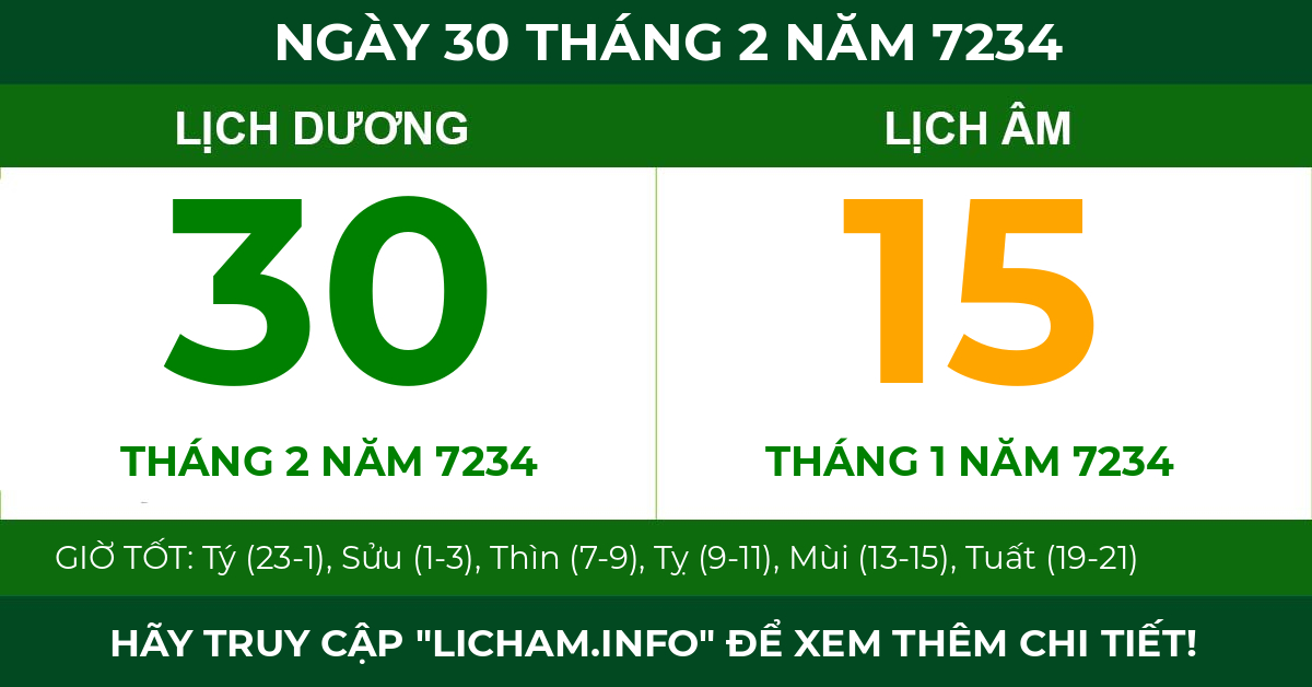 lịch âm ngày 30 tháng 2 năm 7234