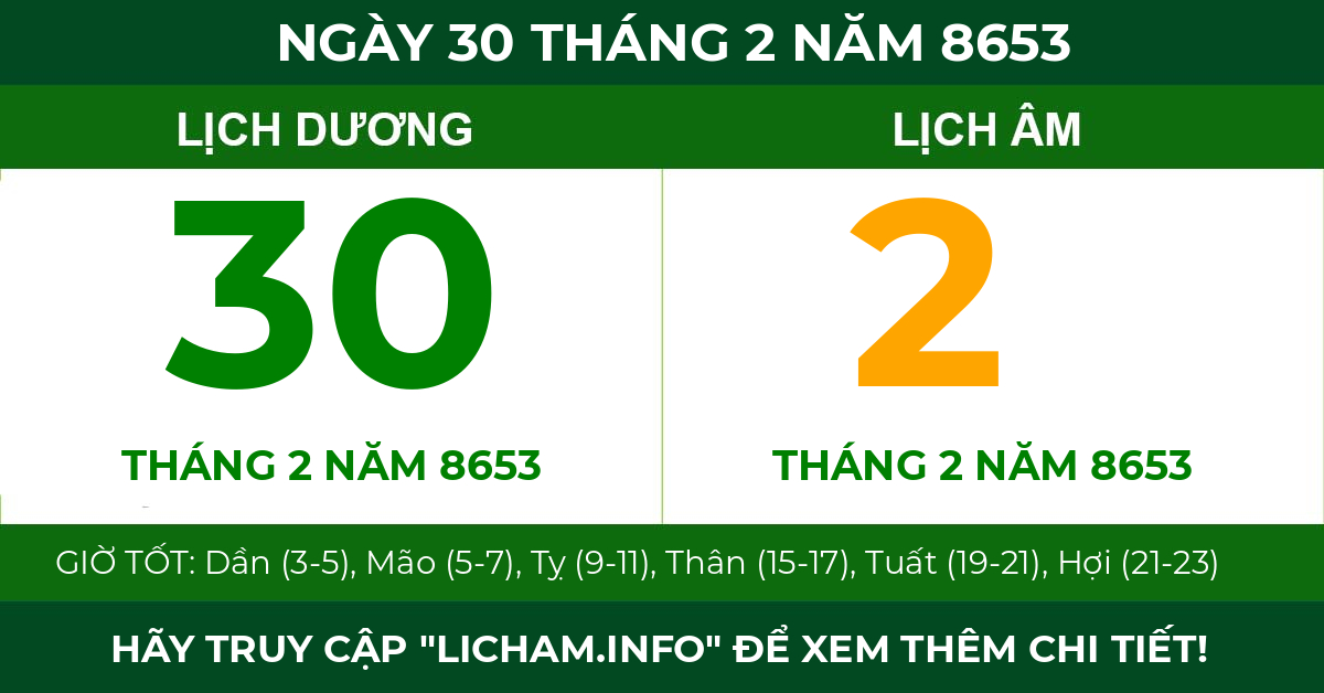 lịch âm ngày 30 tháng 2 năm 8653