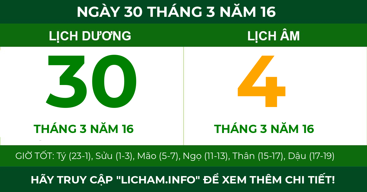 lịch âm ngày 30 tháng 3 năm 16