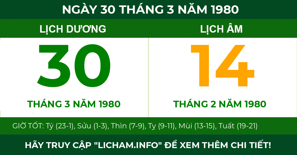 lịch âm ngày 30 tháng 3 năm 1980