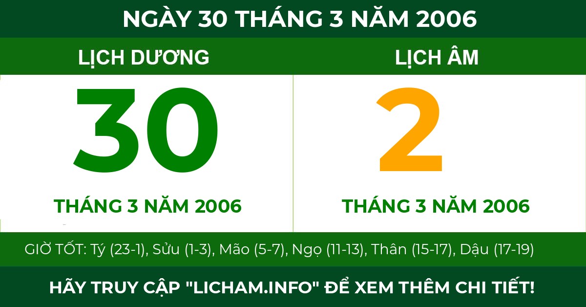 lịch âm ngày 30 tháng 3 năm 2006