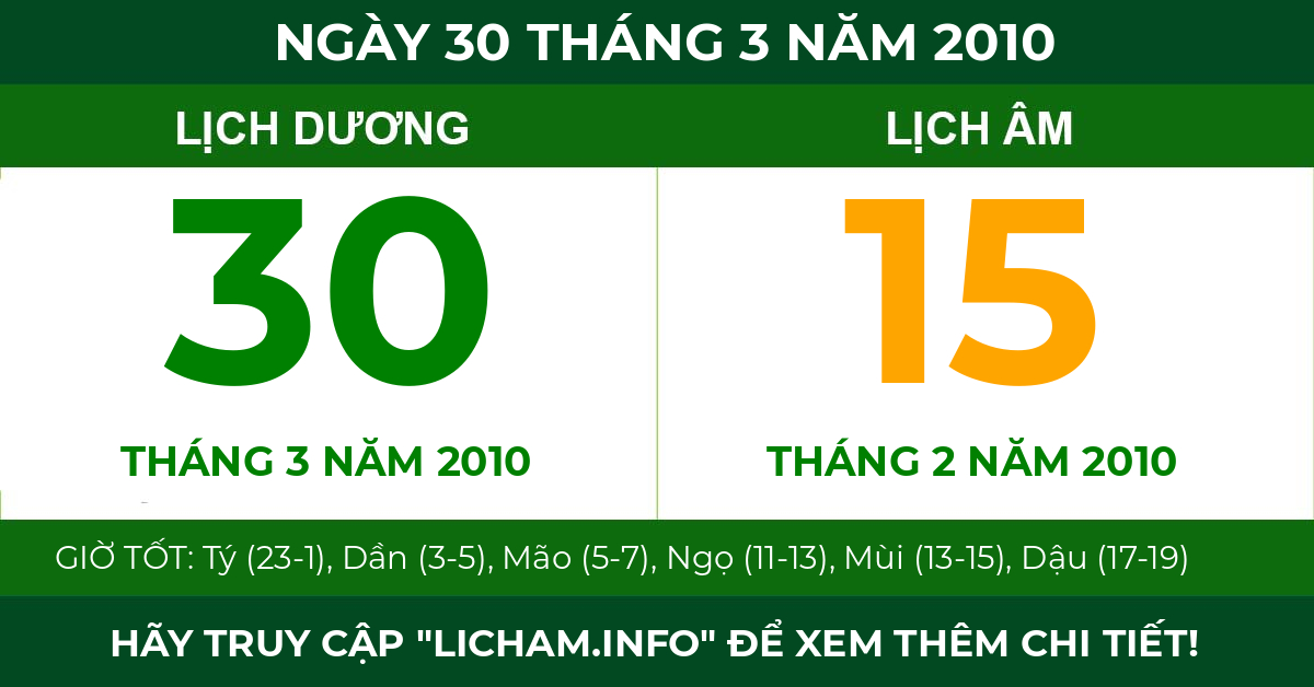lịch âm ngày 30 tháng 3 năm 2010