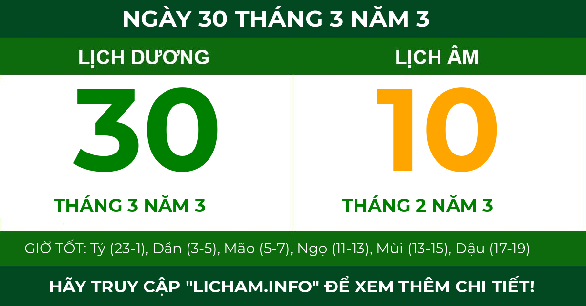 lịch âm ngày 30 tháng 3 năm 3
