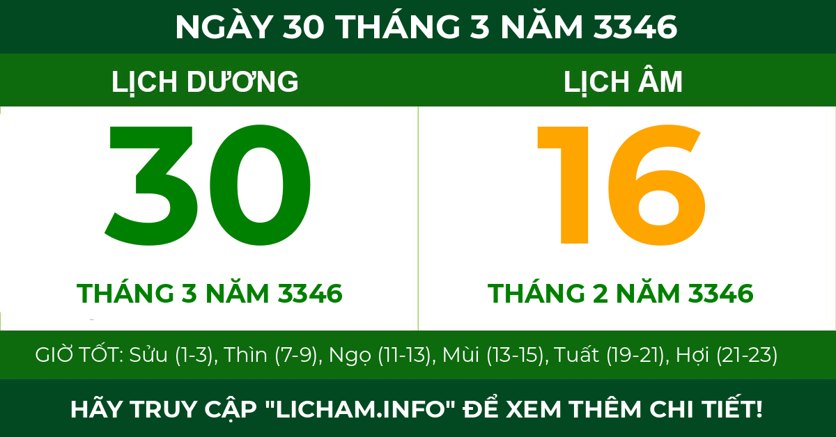 lịch âm ngày 30 tháng 3 năm 3346
