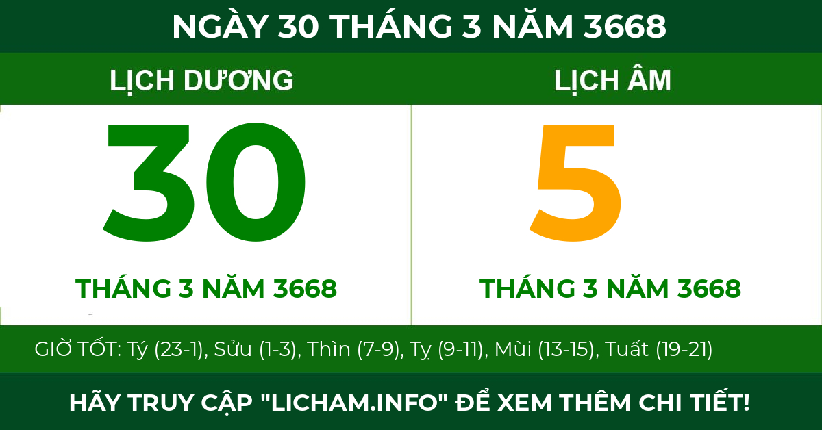 lịch âm ngày 30 tháng 3 năm 3668