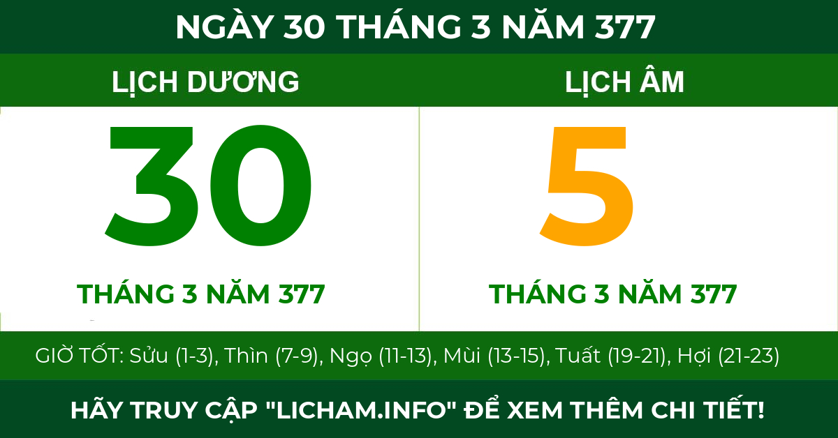 lịch âm ngày 30 tháng 3 năm 377