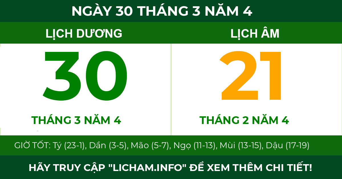 lịch âm ngày 30 tháng 3 năm 4