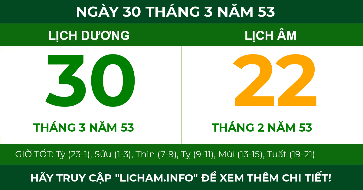 lịch âm ngày 30 tháng 3 năm 53