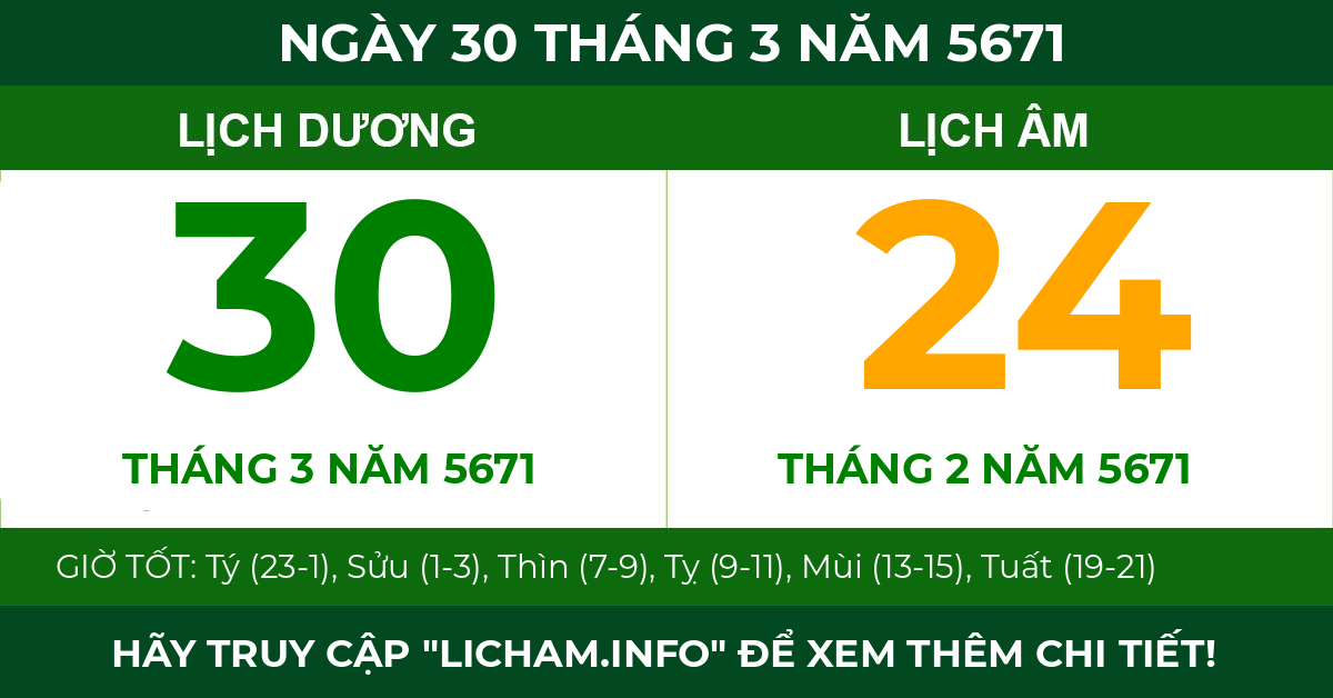 lịch âm ngày 30 tháng 3 năm 5671