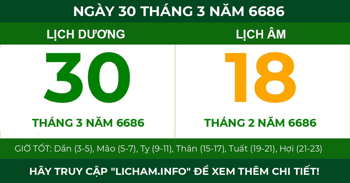 lịch âm ngày 30 tháng 3 năm 6686