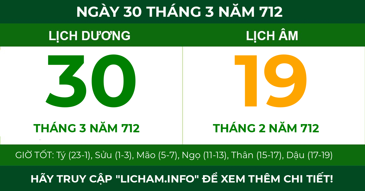 lịch âm ngày 30 tháng 3 năm 712