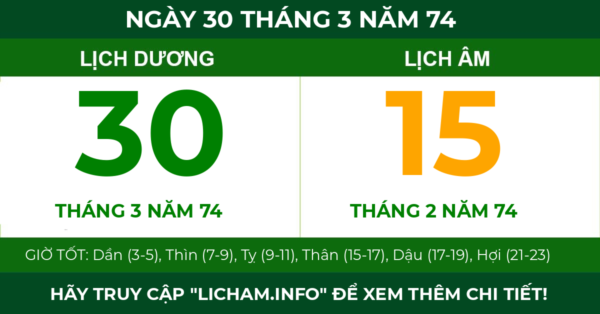 lịch âm ngày 30 tháng 3 năm 74