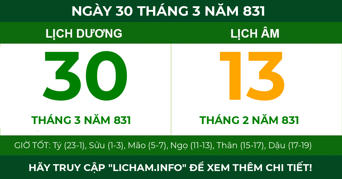 lịch âm ngày 30 tháng 3 năm 831