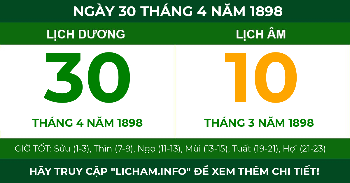 lịch âm ngày 30 tháng 4 năm 1898
