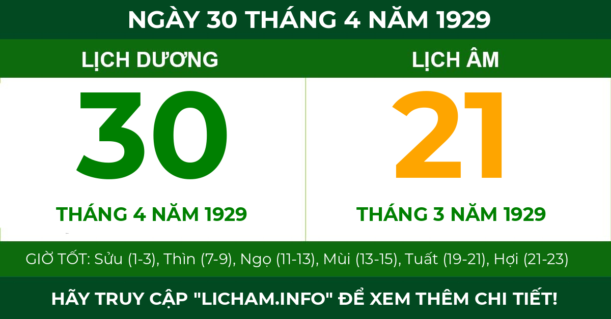 lịch âm ngày 30 tháng 4 năm 1929