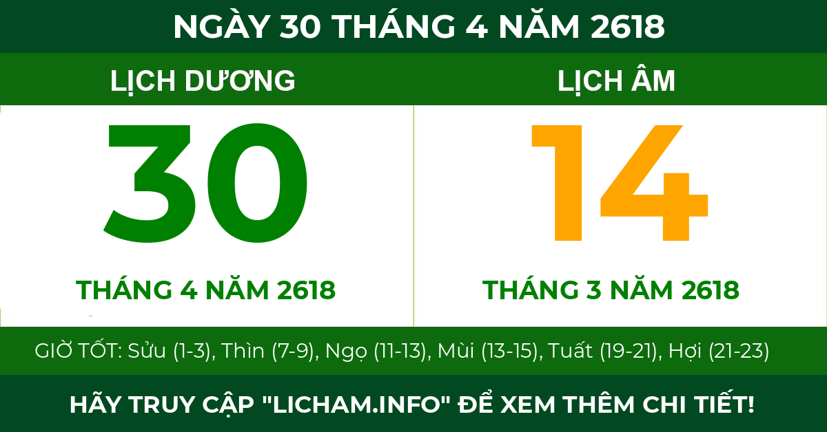 lịch âm ngày 30 tháng 4 năm 2618