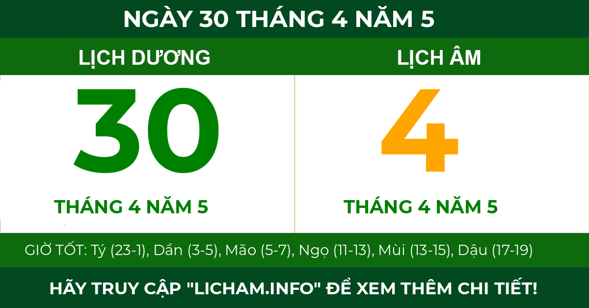 lịch âm ngày 30 tháng 4 năm 5