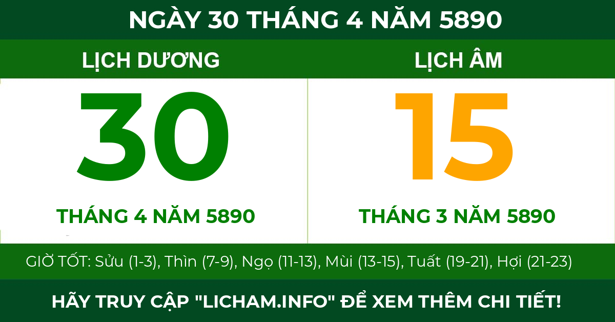 lịch âm ngày 30 tháng 4 năm 5890