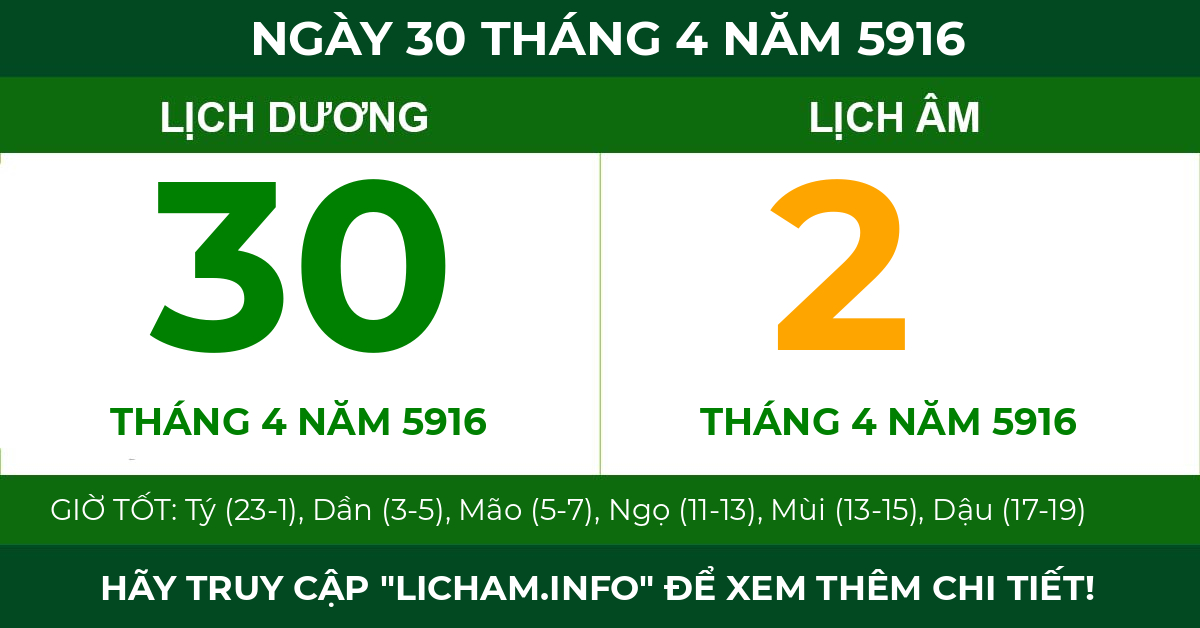 lịch âm ngày 30 tháng 4 năm 5916