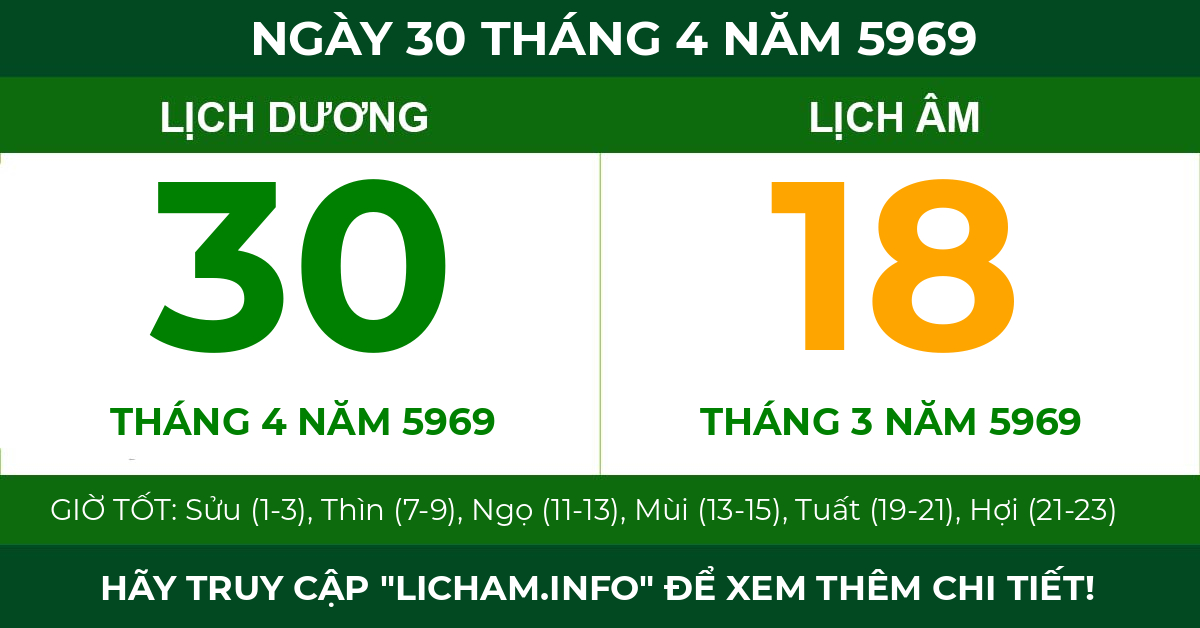 lịch âm ngày 30 tháng 4 năm 5969