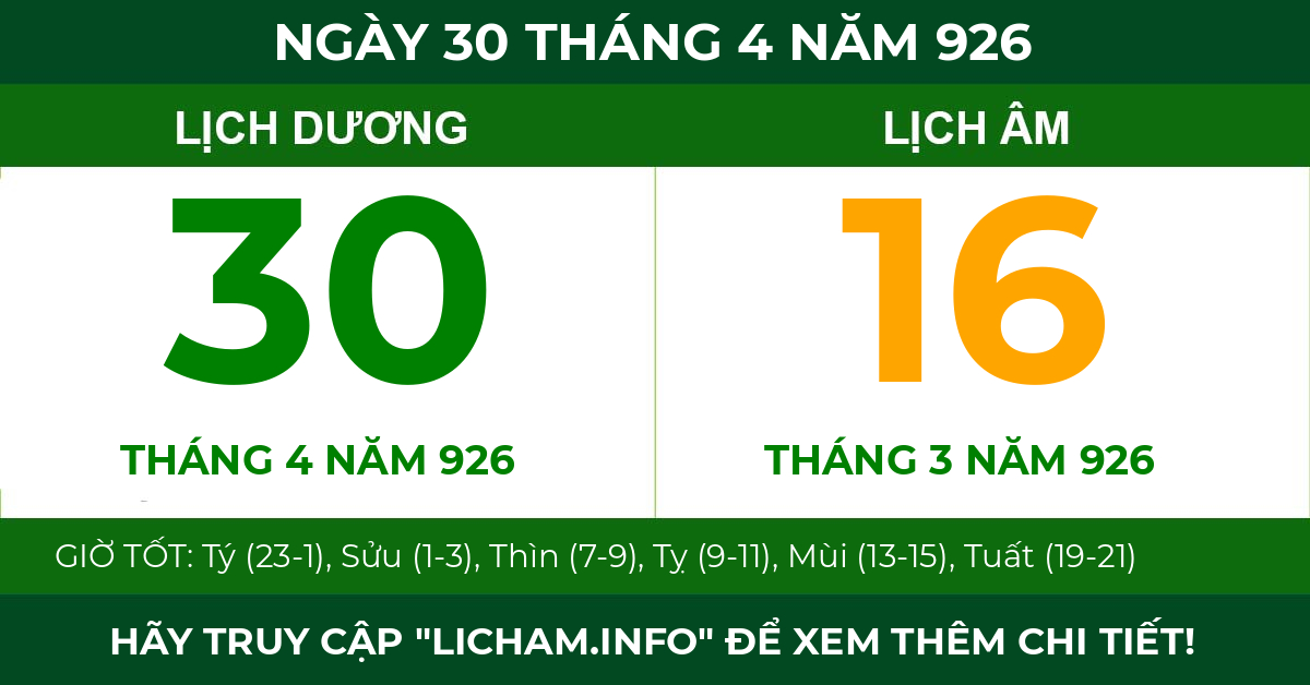 lịch âm ngày 30 tháng 4 năm 926