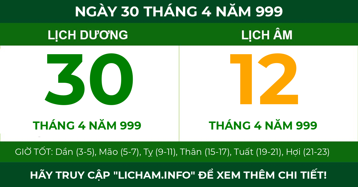 lịch âm ngày 30 tháng 4 năm 999