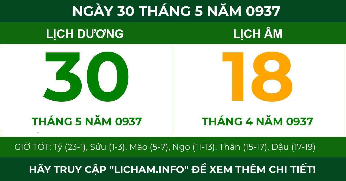 lịch âm ngày 30 tháng 5 năm 0937