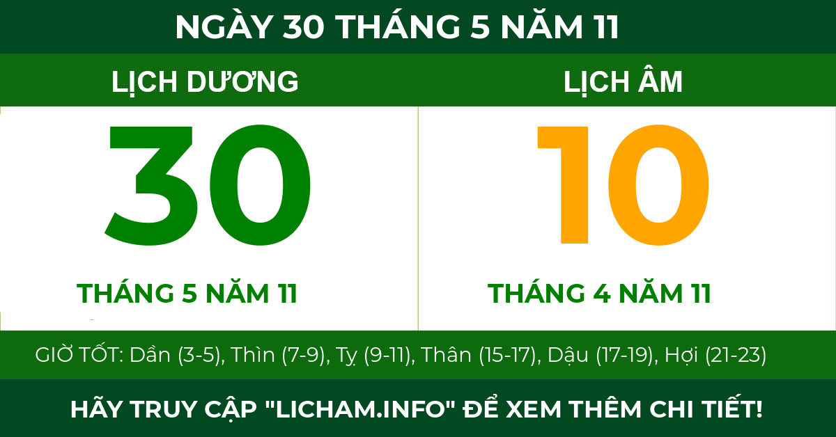 lịch âm ngày 30 tháng 5 năm 11