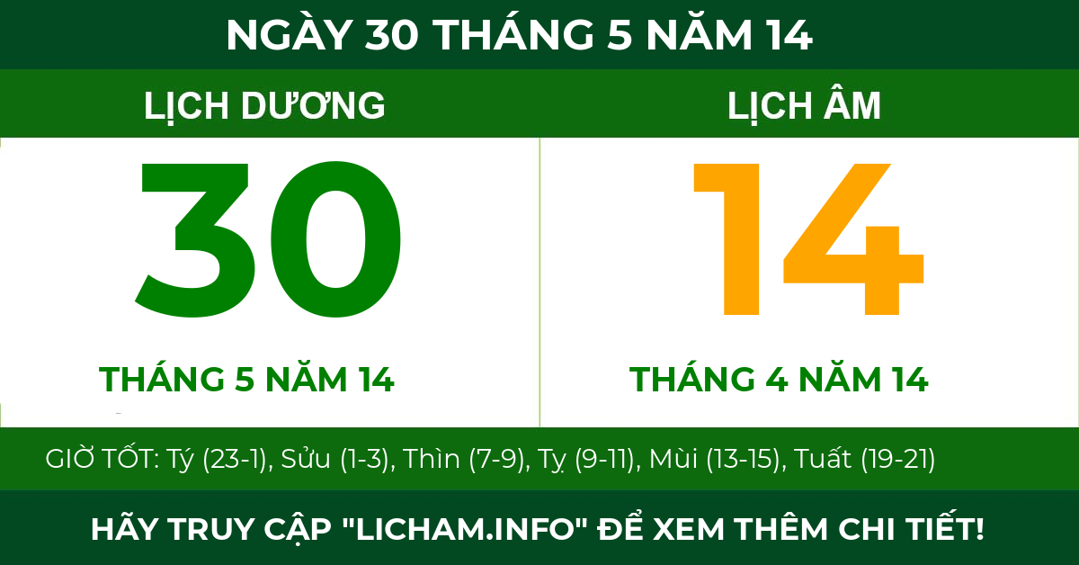 lịch âm ngày 30 tháng 5 năm 14