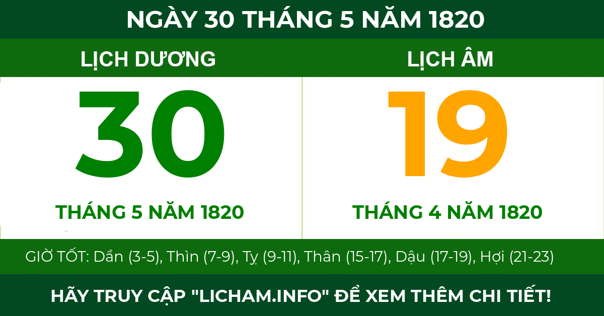 lịch âm ngày 30 tháng 5 năm 1820