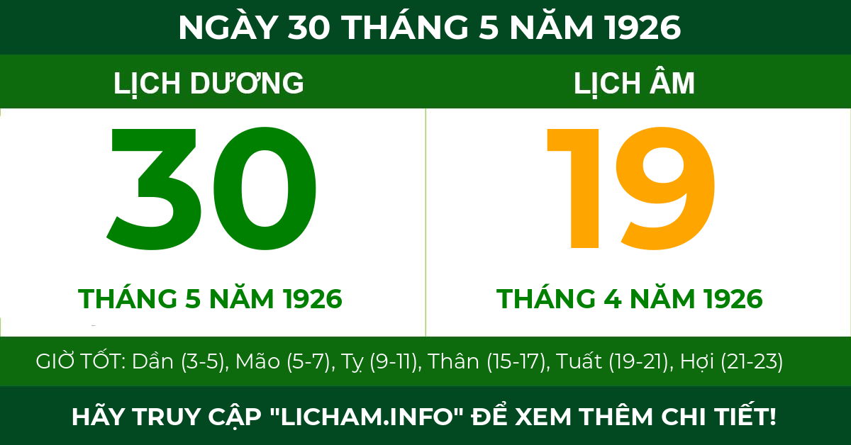lịch âm ngày 30 tháng 5 năm 1926