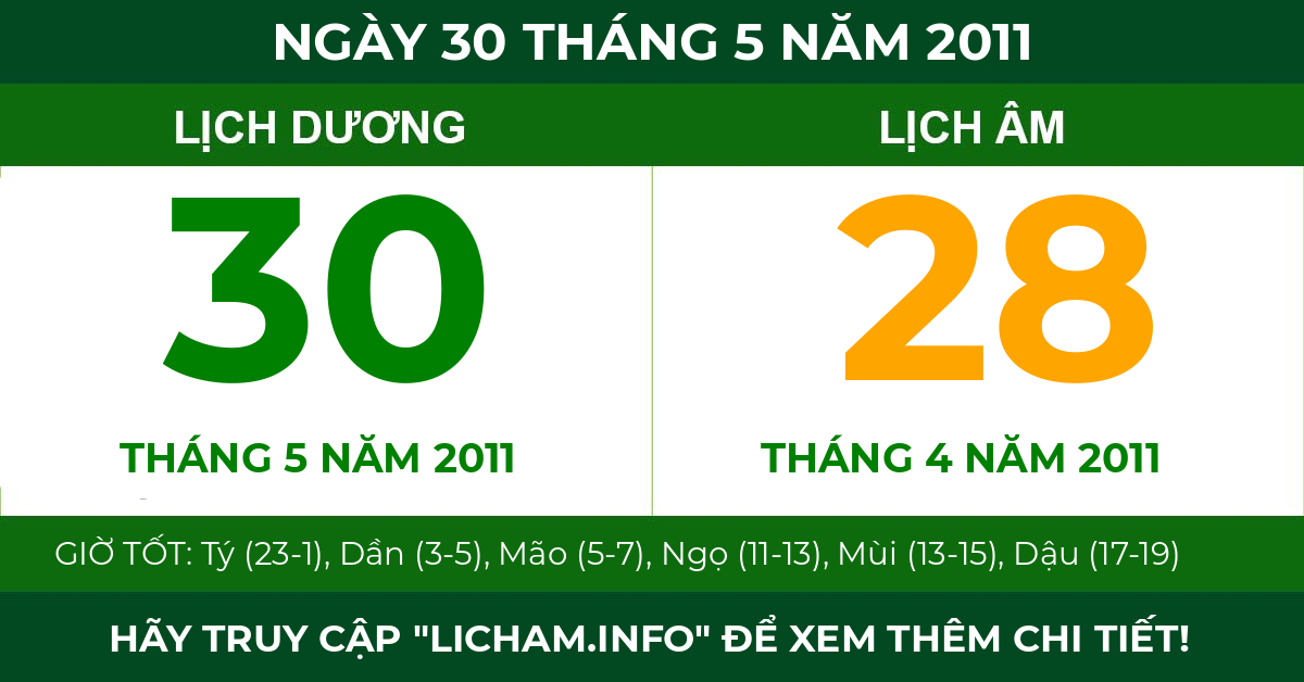lịch âm ngày 30 tháng 5 năm 2011