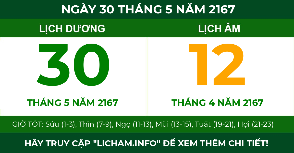 lịch âm ngày 30 tháng 5 năm 2167