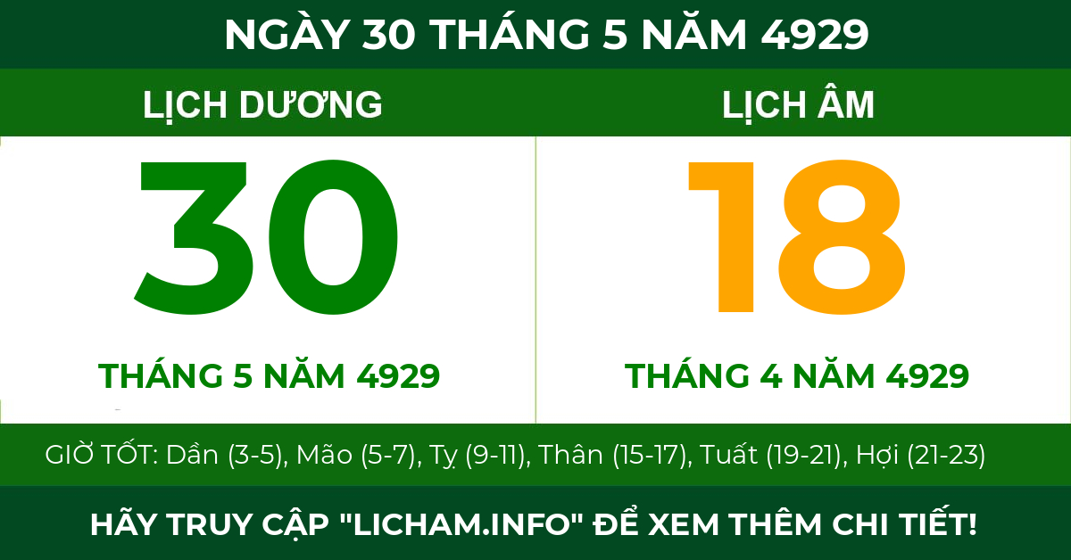 lịch âm ngày 30 tháng 5 năm 4929