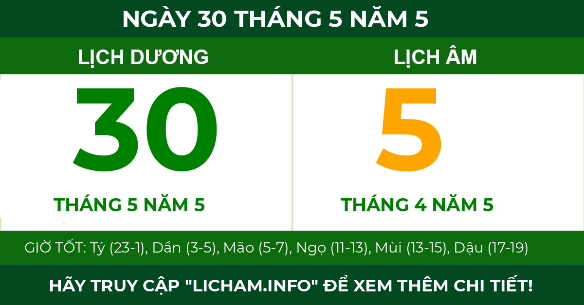 lịch âm ngày 30 tháng 5 năm 5