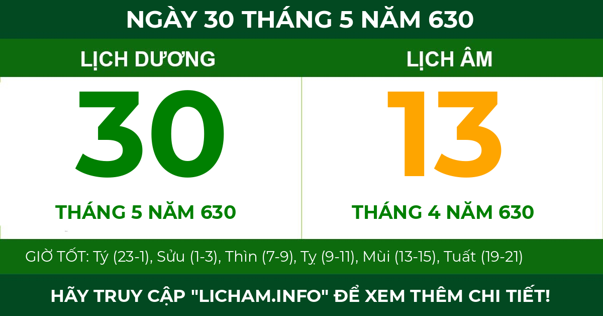 lịch âm ngày 30 tháng 5 năm 630