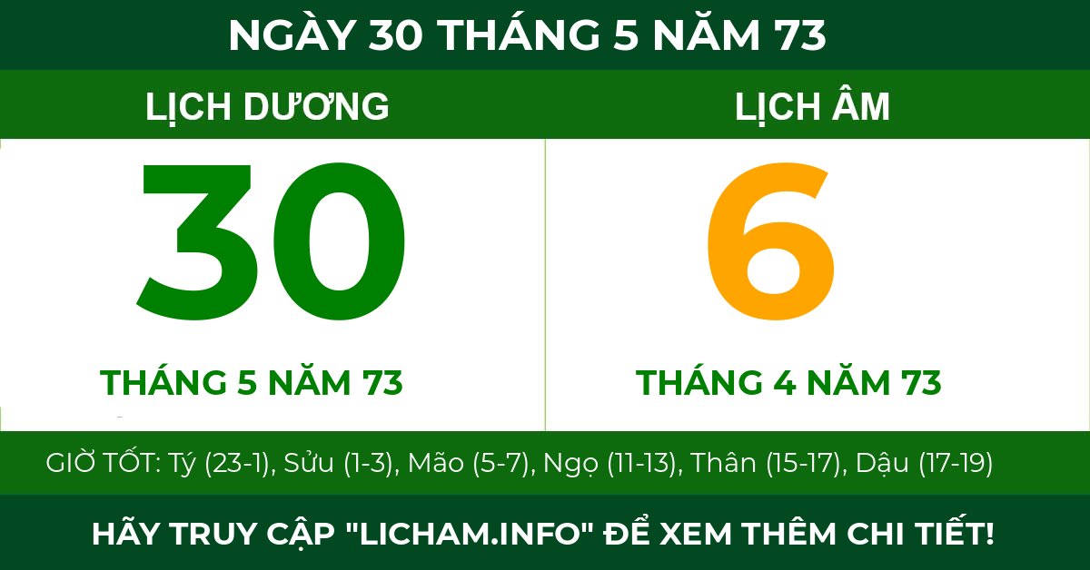 lịch âm ngày 30 tháng 5 năm 73