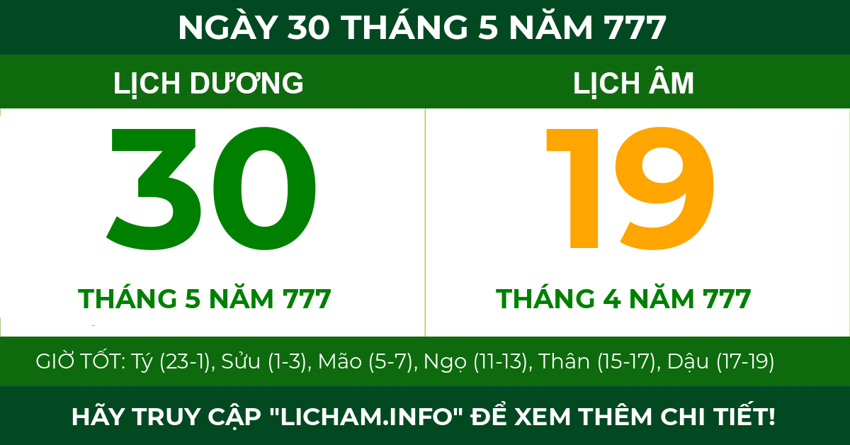 lịch âm ngày 30 tháng 5 năm 777