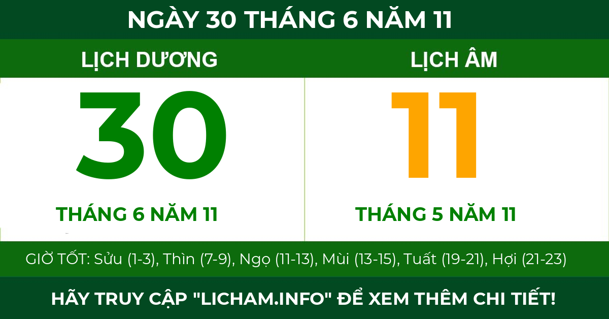 lịch âm ngày 30 tháng 6 năm 11