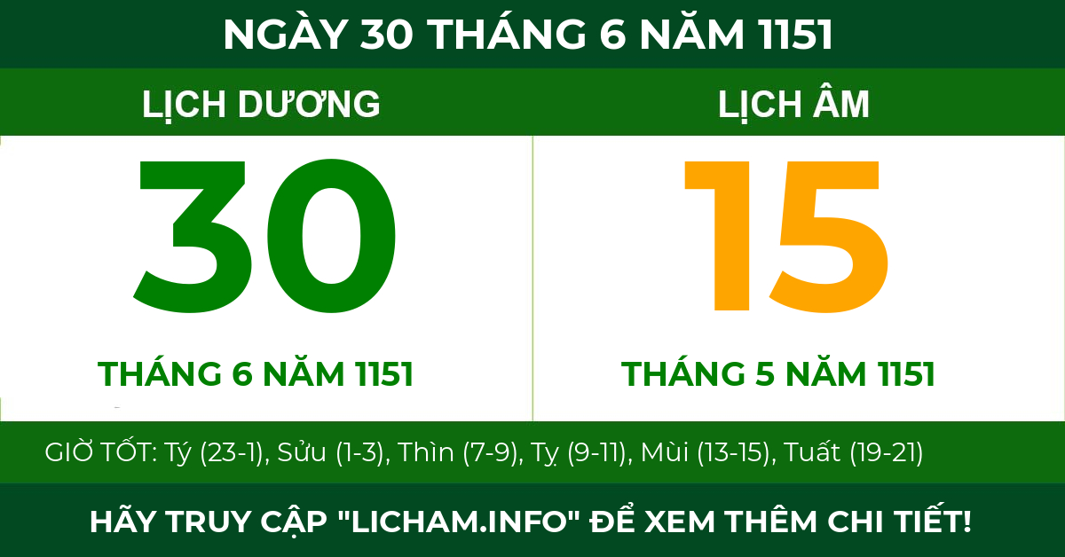 lịch âm ngày 30 tháng 6 năm 1151
