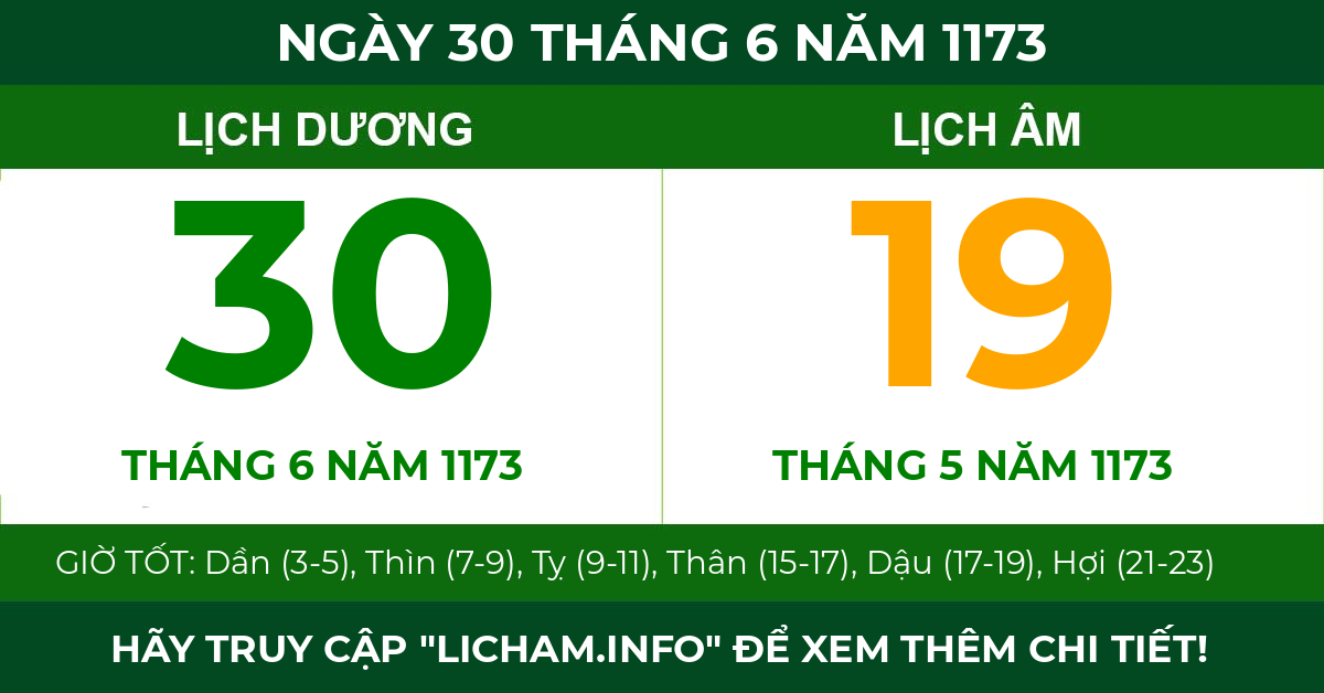 lịch âm ngày 30 tháng 6 năm 1173