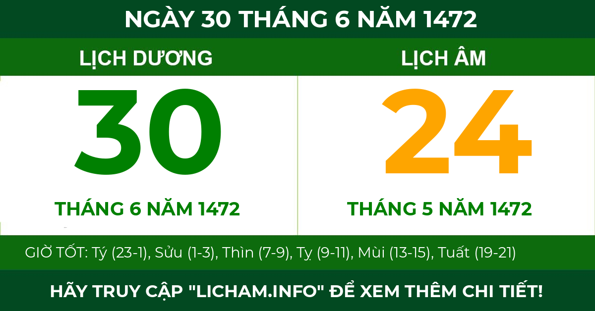lịch âm ngày 30 tháng 6 năm 1472