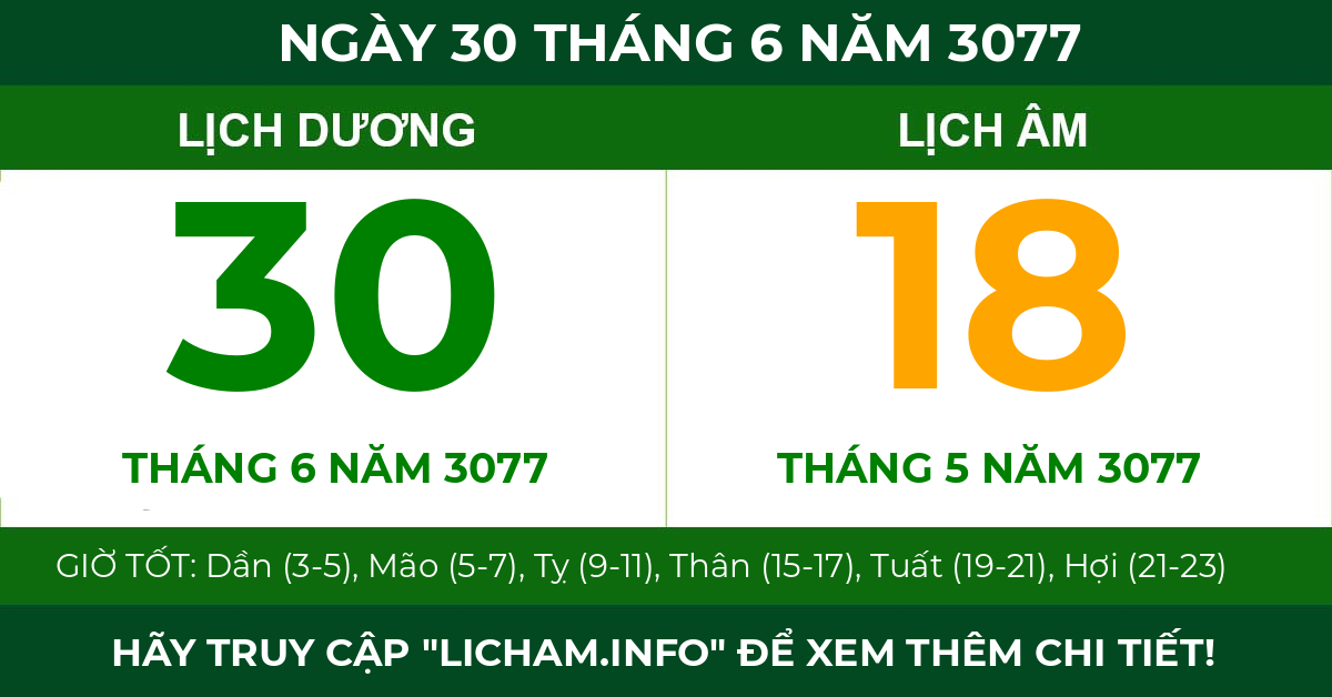 lịch âm ngày 30 tháng 6 năm 3077