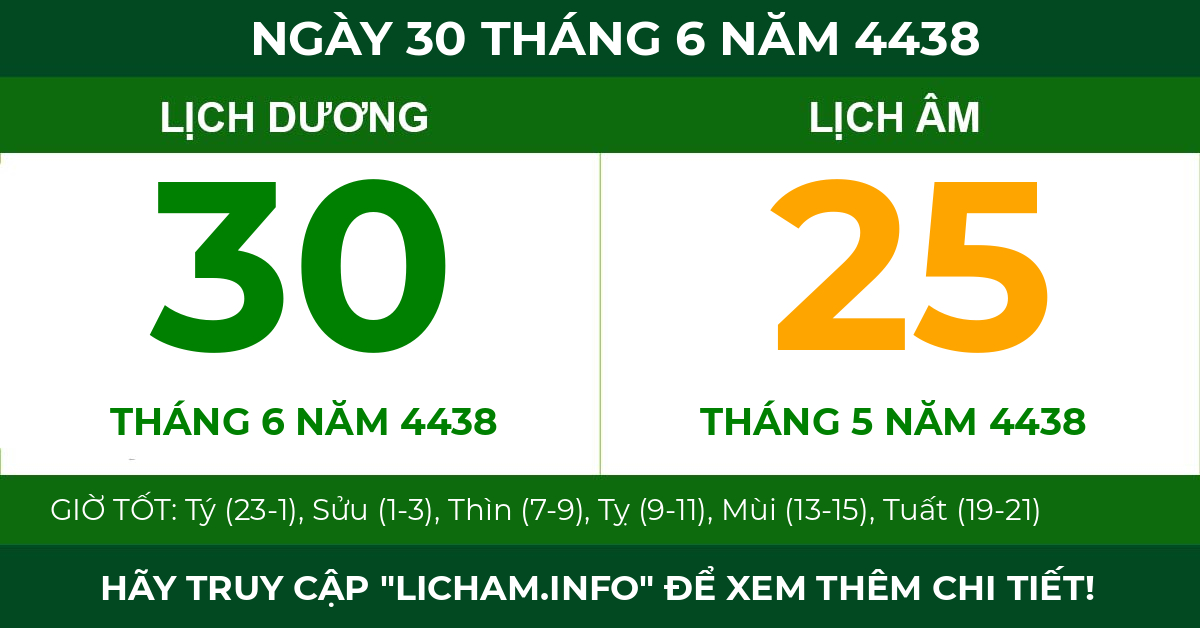 lịch âm ngày 30 tháng 6 năm 4438